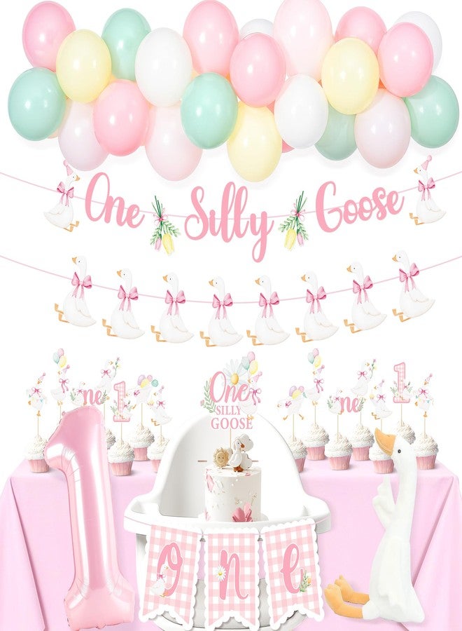 Kriyokiaa One Silly Goose Birthday Decor for Girls First Birthday Party Decorations with Balloon Garland, Highchair Banner Silly Goose Theme Cardboard,Banner, Cake Topper - Image 1